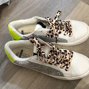 No Boundaries White and Silver Sneakers with Neon and Leopard Accents